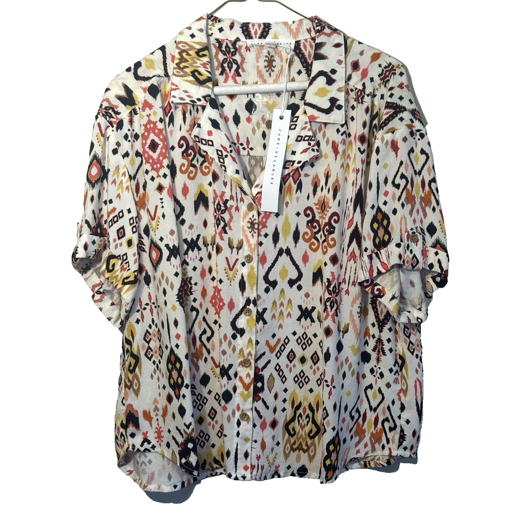 Jane+ Delancey Womens Large Short Sleeve Button Front Top Geometric Bohemian NWT